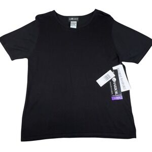 Sag Harbor Womens Large Black Embroidered Short Sleeve Sweater Career Office NWT